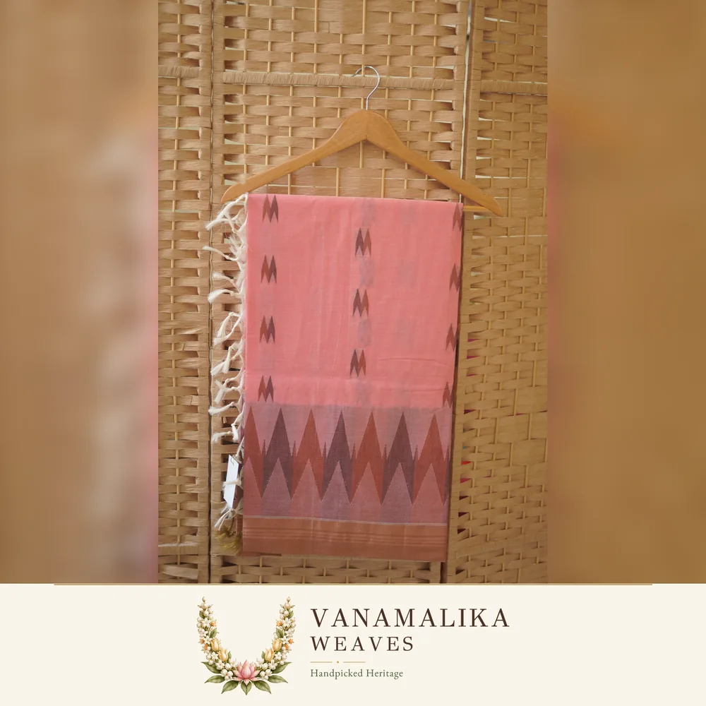 Temple Border Negamam Cotton Saree — Dusty Rose