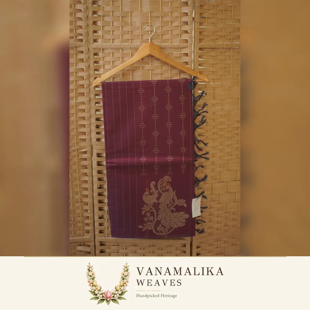 Borderless Peacock Motif Negamam Cotton Saree — Deep Wine