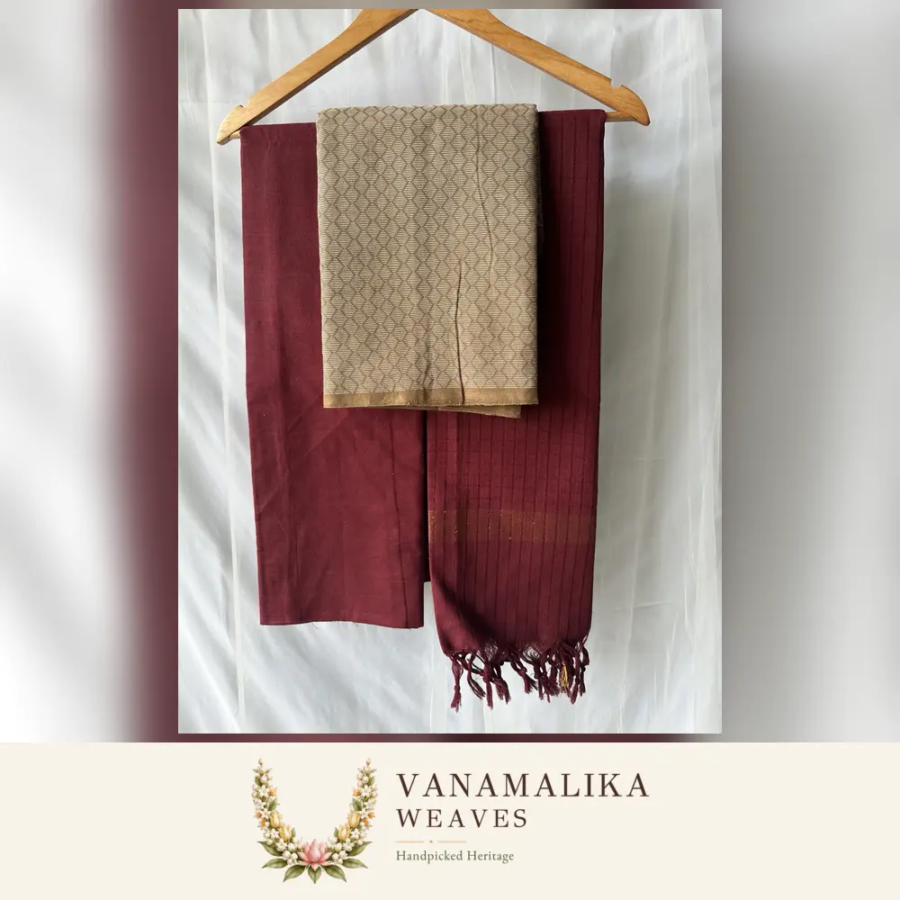 Jacquard Pattern Pure Cotton Salwar Material — Maroon & Taupe