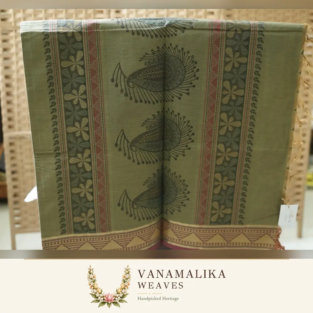 Mango Motif Negamam Cotton Saree — Sage Green — view 2