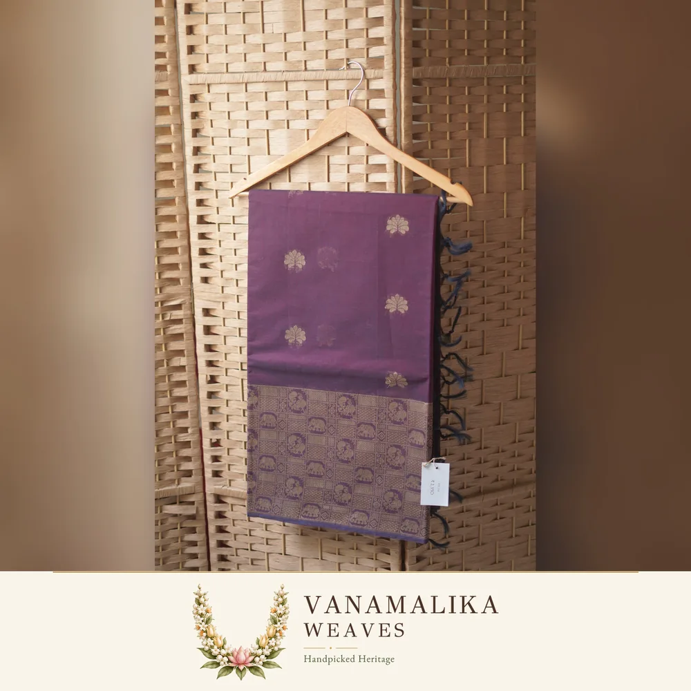 Elephant & Peacock Negamam Cotton Saree — Plum