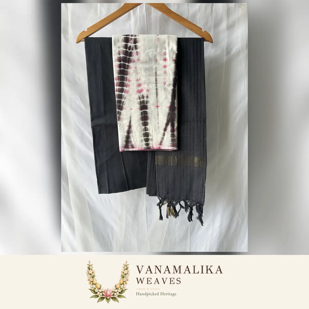 Tie & Dye Pure Cotton Salwar Material — Charcoal & Pink
