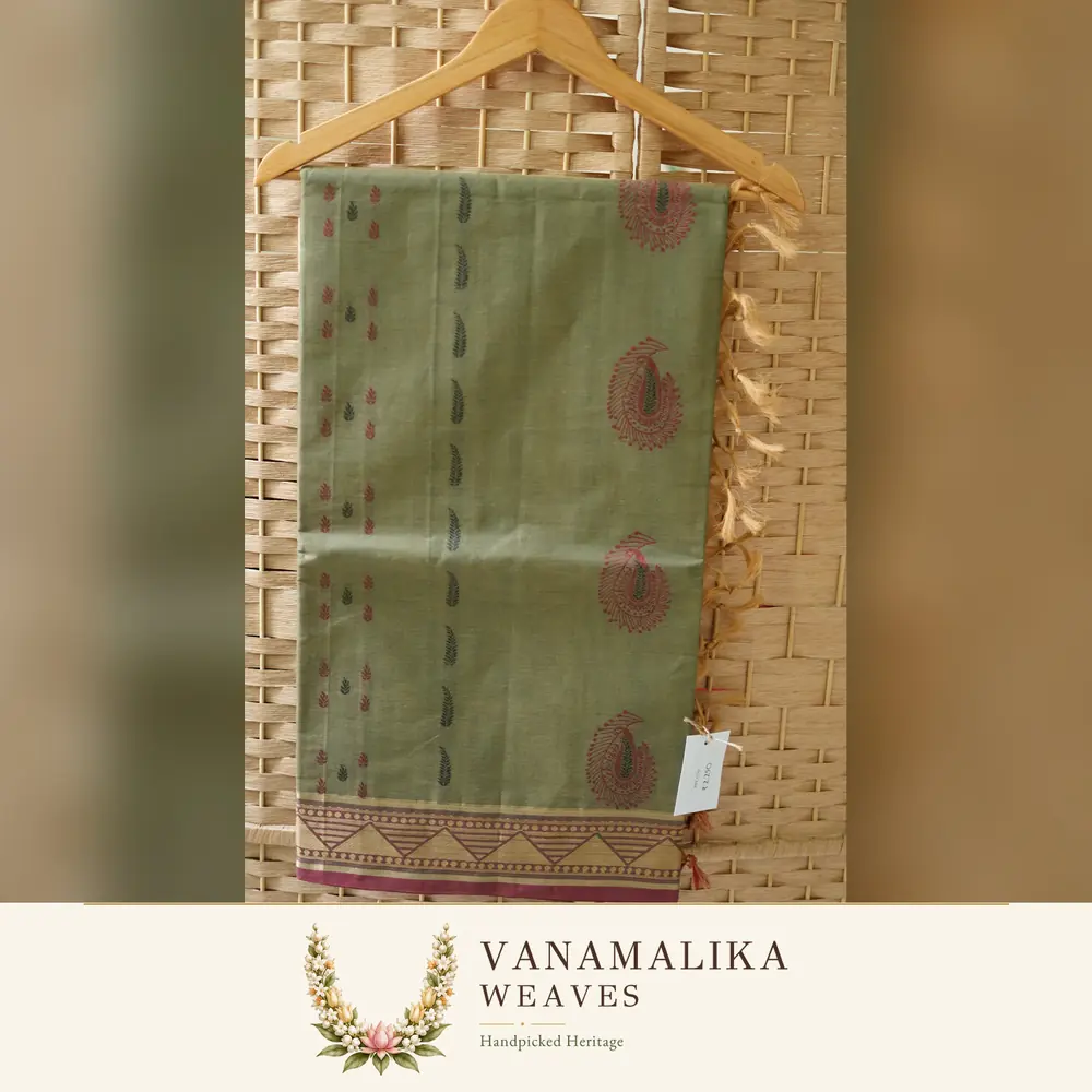 Mango Motif Negamam Cotton Saree — Sage Green