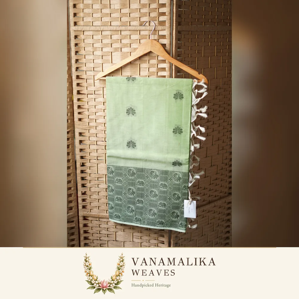 Elephant & Peacock Negamam Cotton Saree — Pale Green