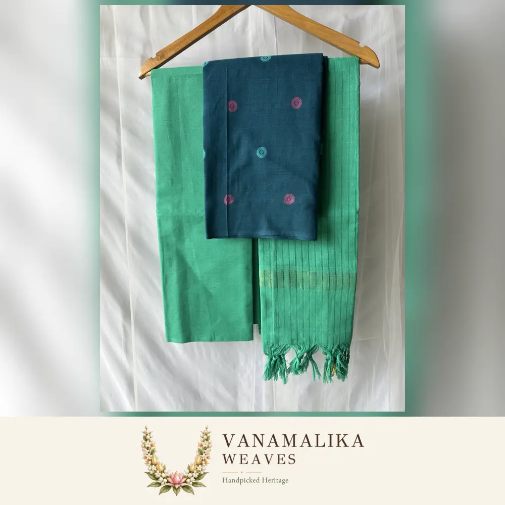 Circular Butta Pattern Pure Cotton Salwar Material — Dark Teal & Jade Green