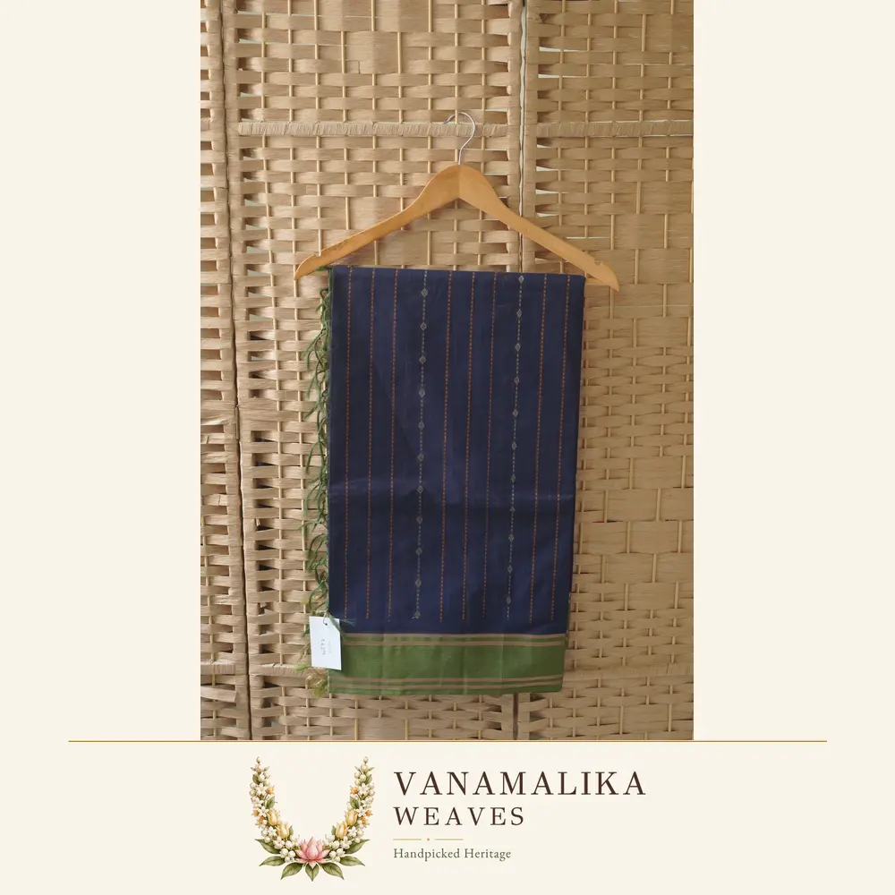 Pinstripe Butta Negamam Handloom Cotton Saree — Navy Blue