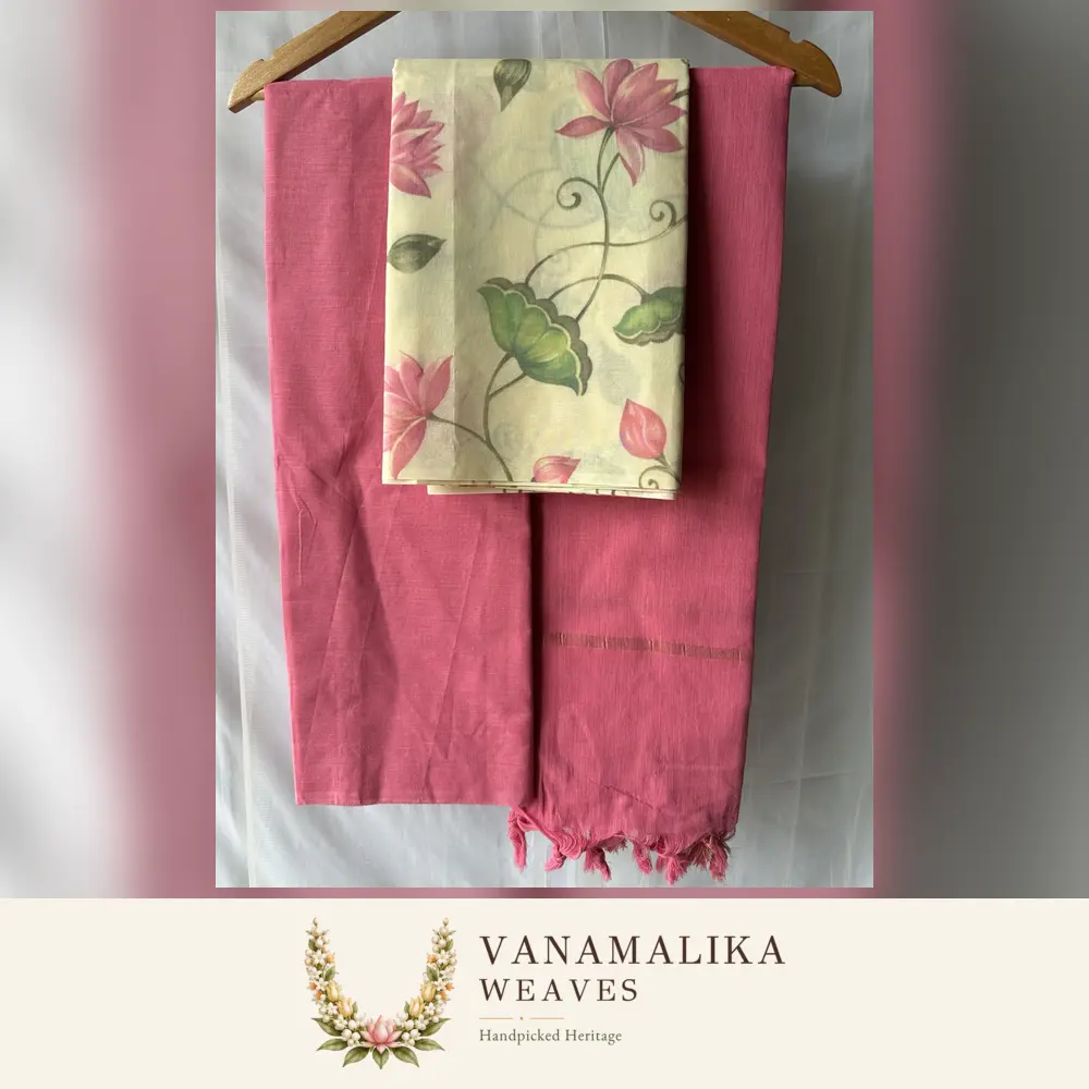 Large Floral Pattern Pure Cotton Salwar Material — Rose Pink & Cream