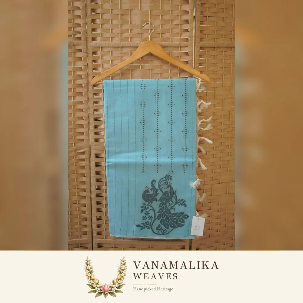 Borderless Peacock Motif Negamam Cotton Saree — Sky Blue