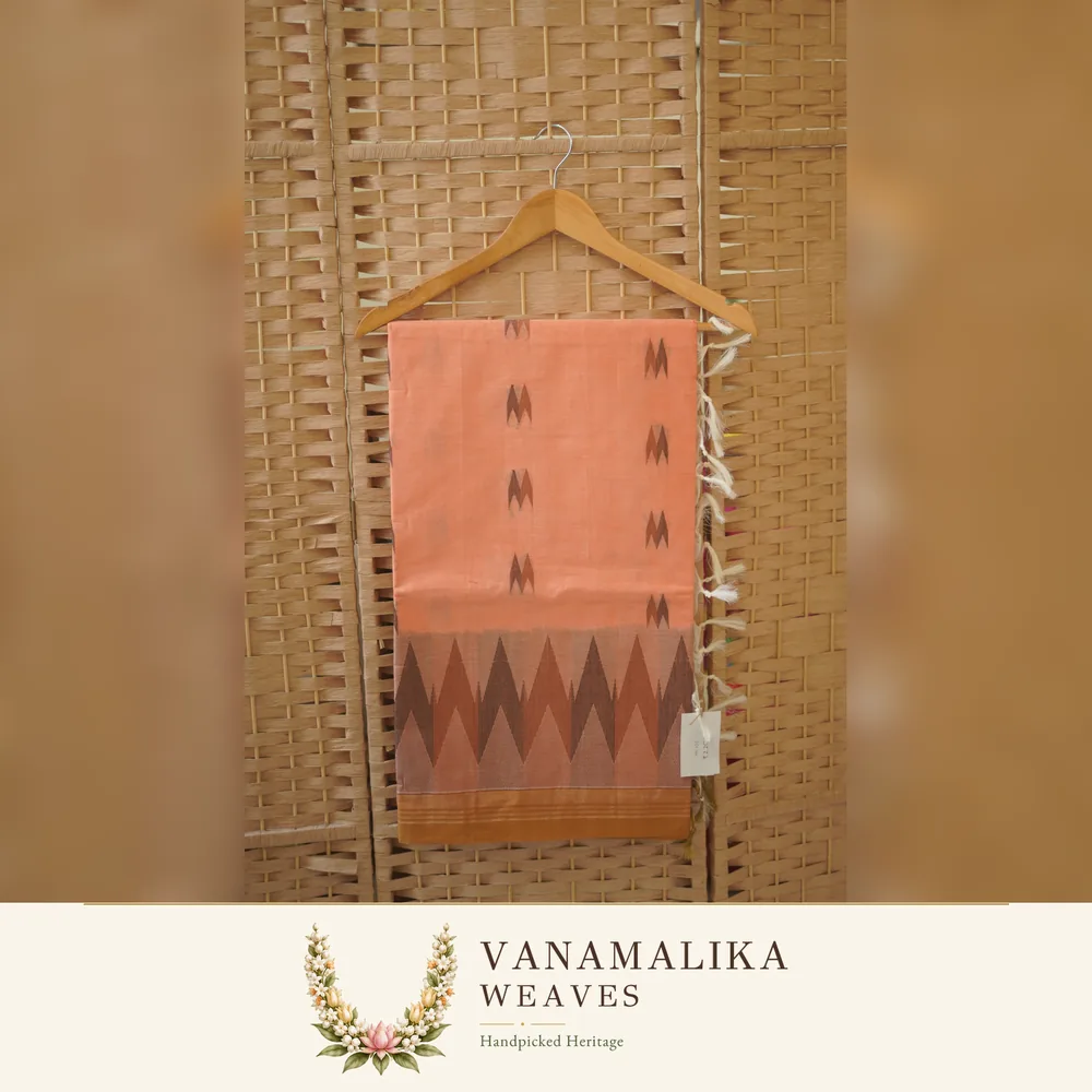 Temple Border Negamam Cotton Saree — Warm Peach