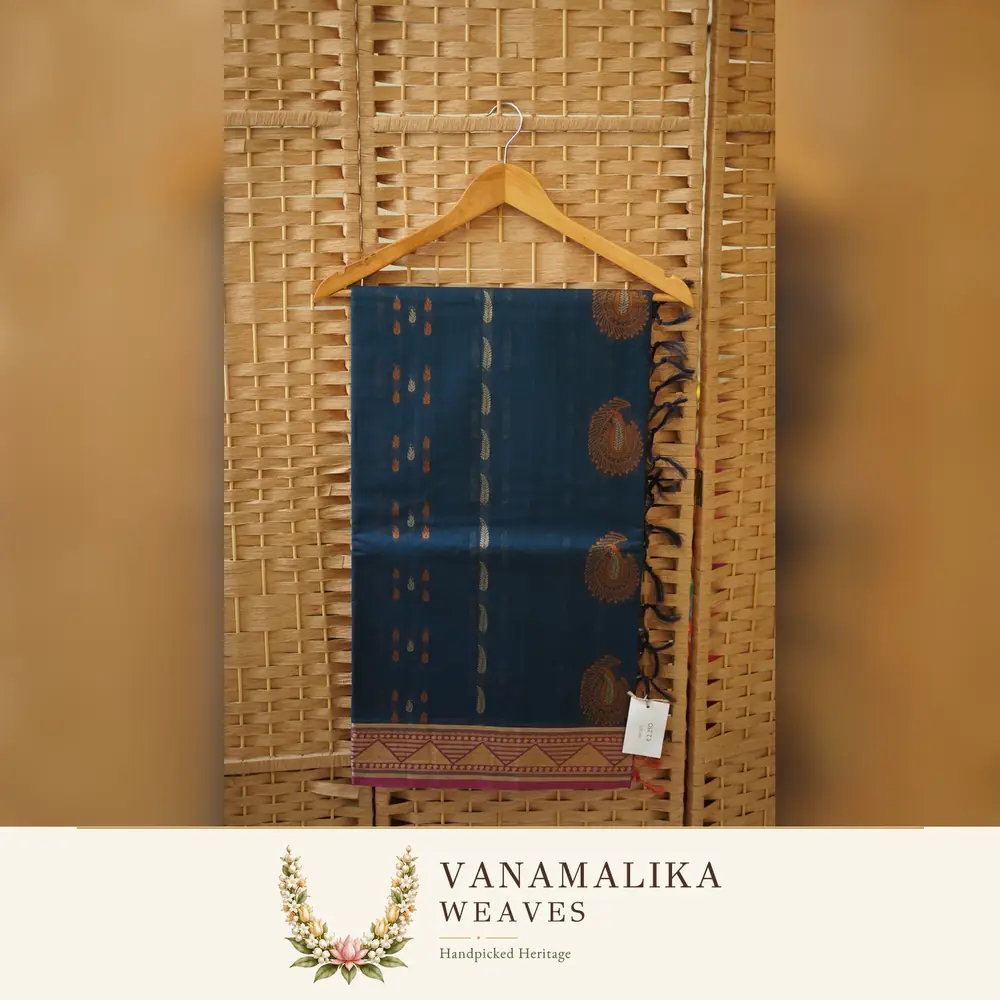 Mango Motif Negamam Cotton Saree — Peacock Blue