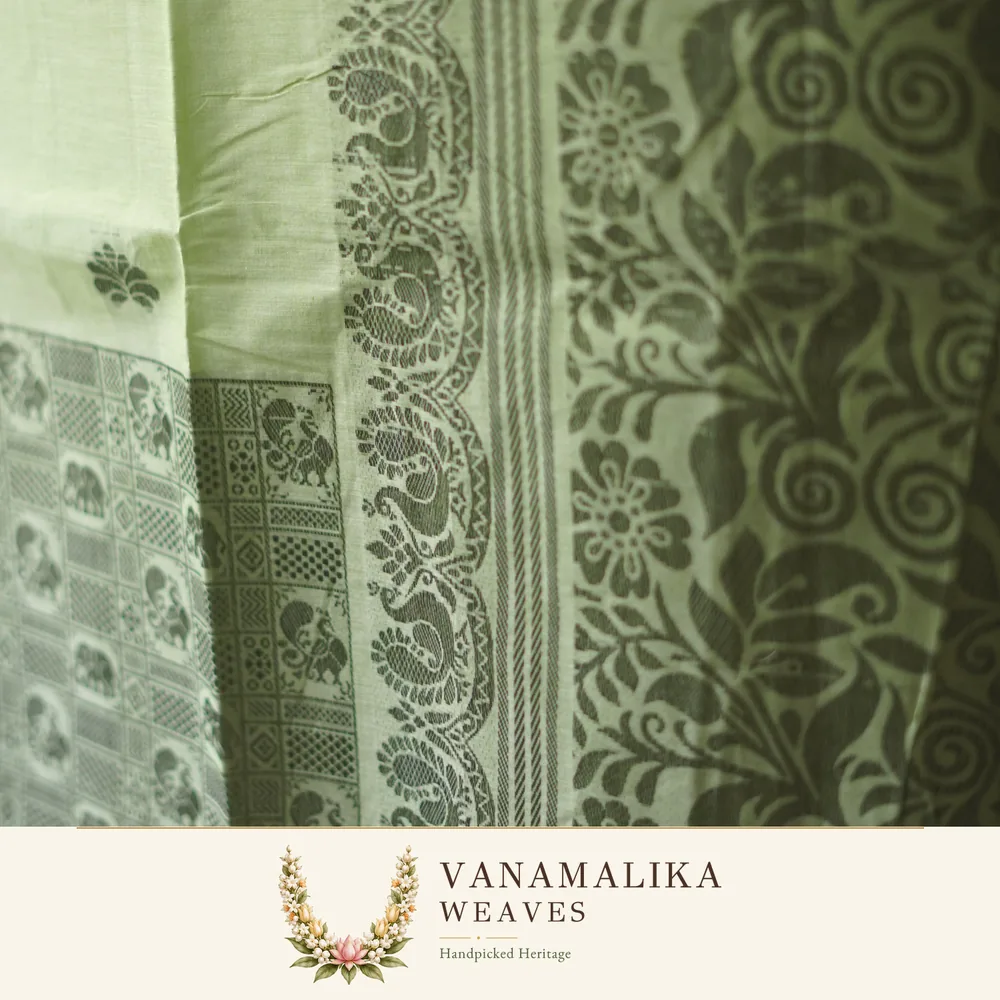 Elephant & Peacock Negamam Cotton Saree — Pale Green — view 2