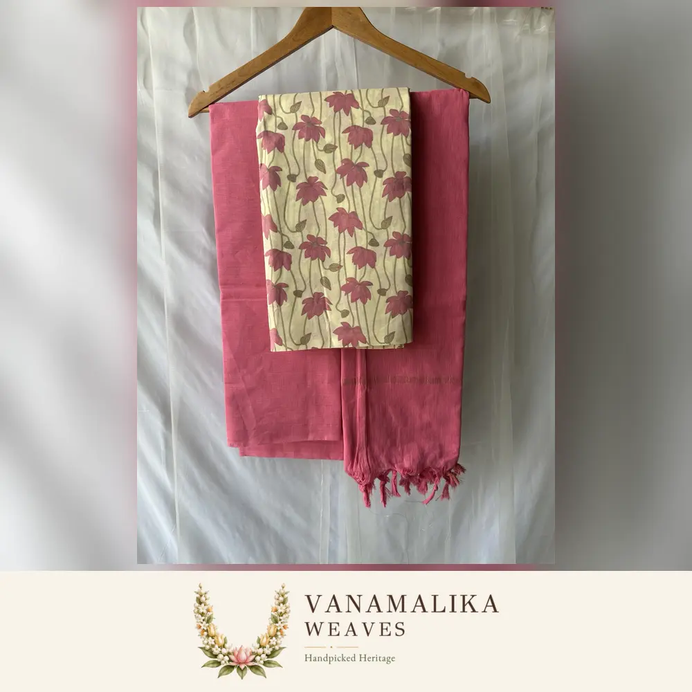 Small Floral Pattern Pure Cotton Salwar Material — Rose Pink & Cream