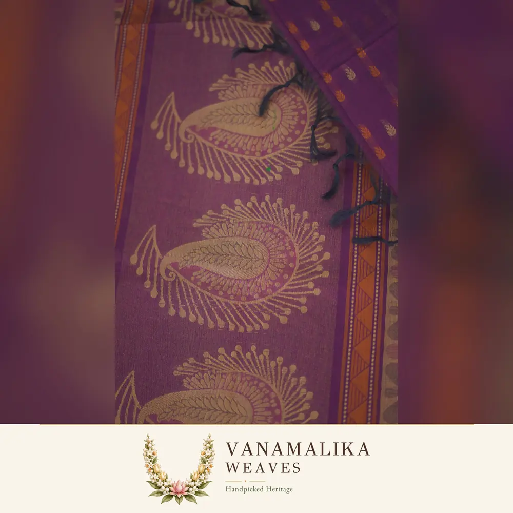 Mango Motif Negamam Cotton Saree — Deep Plum — view 3