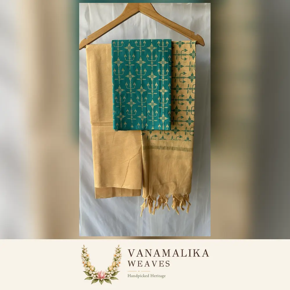 Butta Pattern Pure Cotton Salwar Material — Teal & Sandal Beige