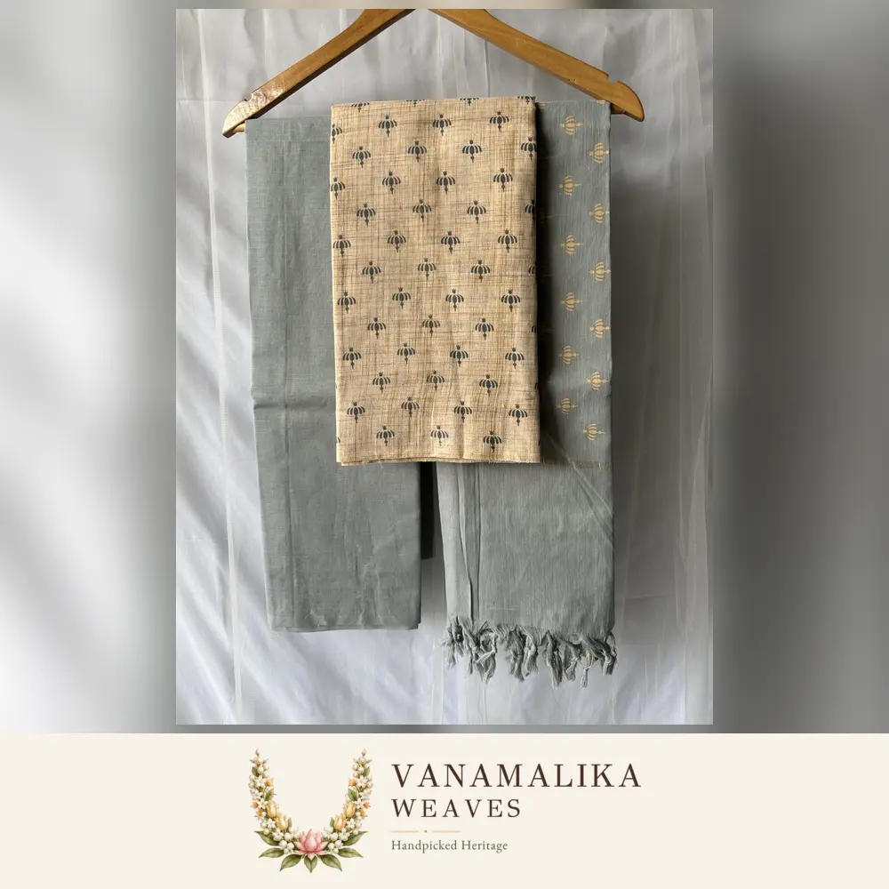 Butta Pattern Pure Cotton Salwar Material — Soft Grey & Beige