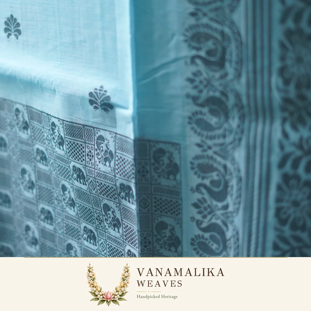 Elephant & Peacock Negamam Cotton Saree — Sky Blue — view 2