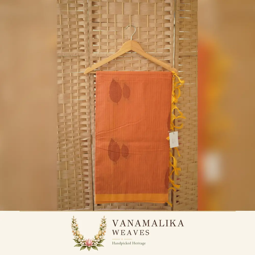 Leaf Motif Coimbatore South Cotton Saree — Terracotta Orange