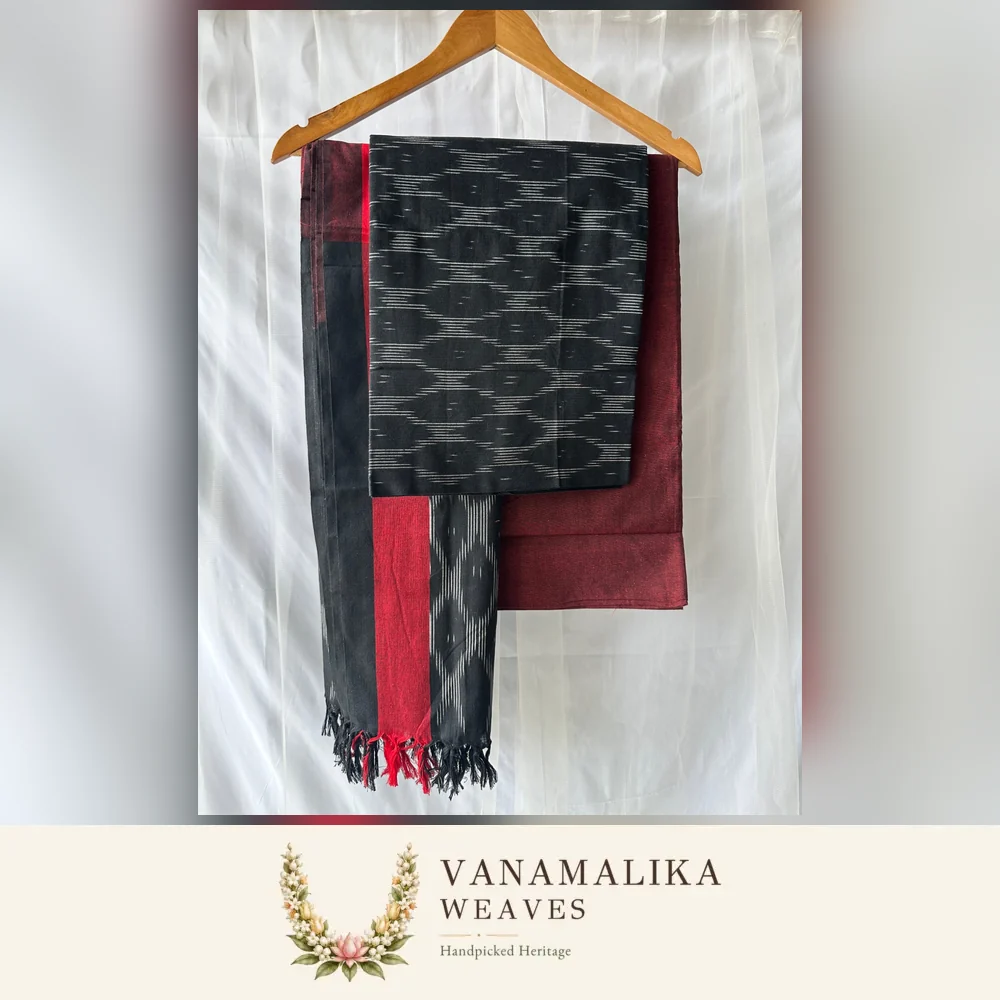 Ikat Pattern Pure Cotton Salwar Material — Black & Maroon