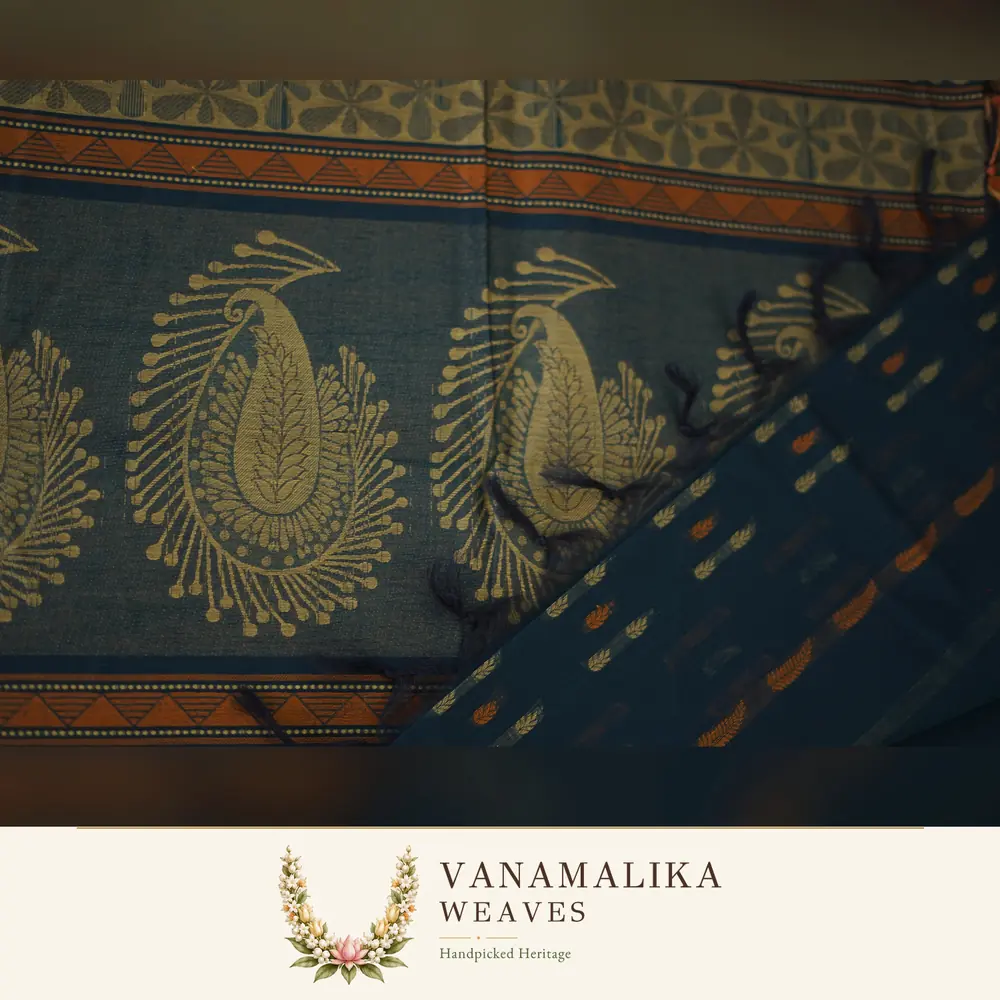 Mango Motif Negamam Cotton Saree — Peacock Blue — view 2