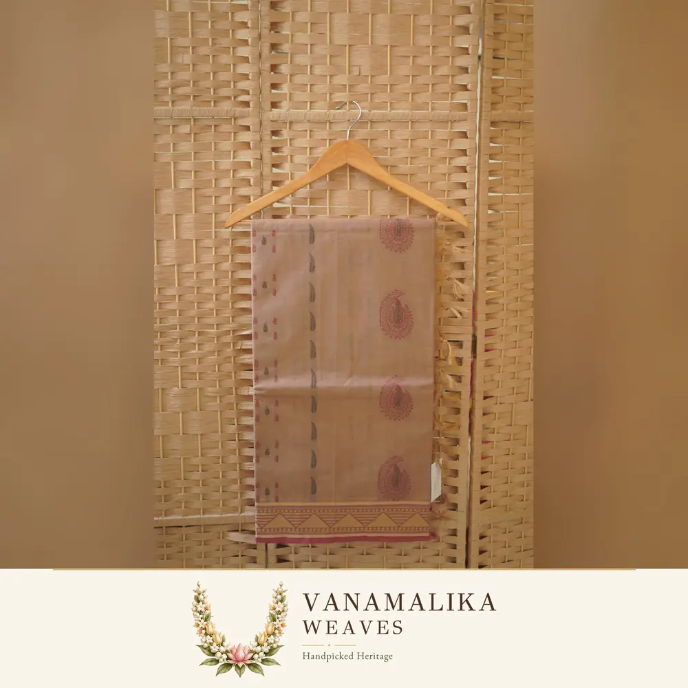 Mango Motif Negamam Cotton Saree — Sandal Beige