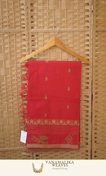 Traditional Motif Cotton Saree — Vermilion Red