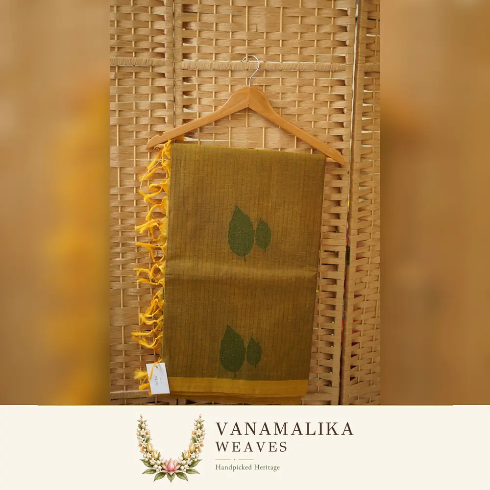 Leaf Motif Coimbatore South Cotton Saree — Mustard Olive