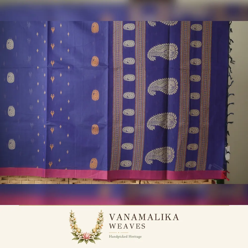 Mango Motif Negamam Cotton Saree — Deep Indigo — view 2