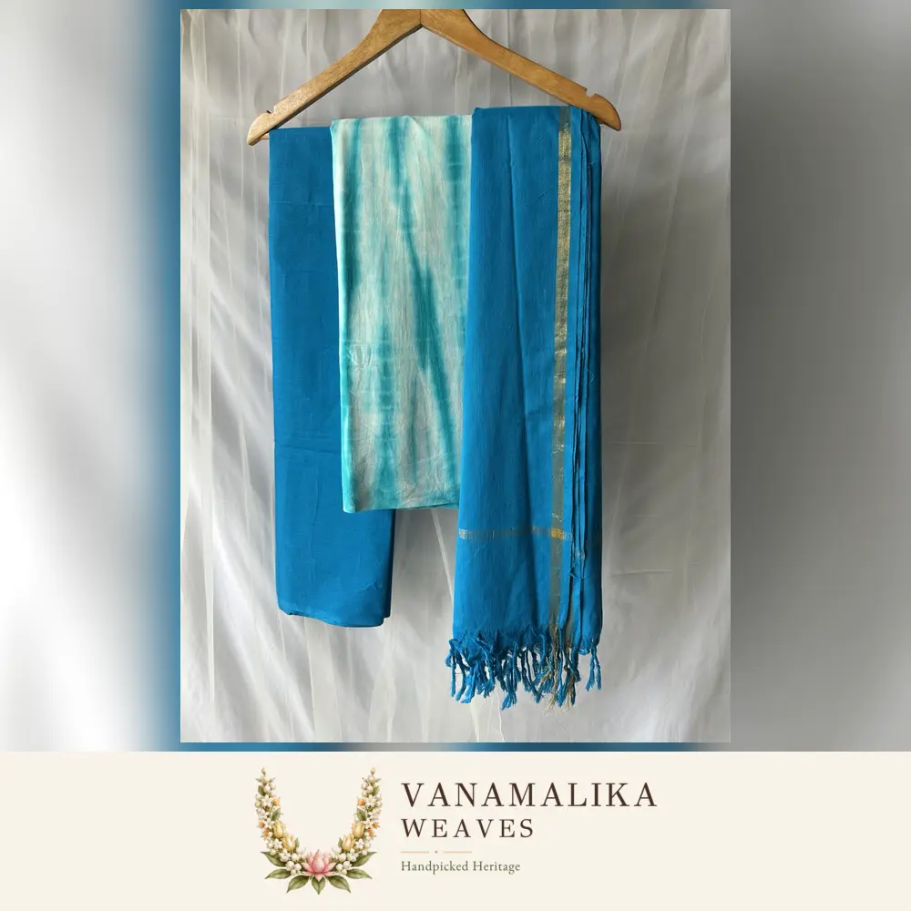 Tie & Dye Pure Cotton Salwar Material — Aqua & Turquoise