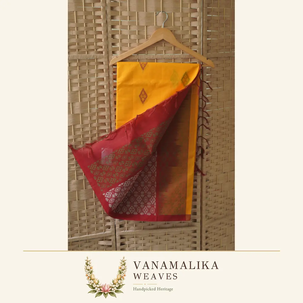 Diamond Motif Negamam Handloom Cotton Saree — Turmeric Yellow — view 2