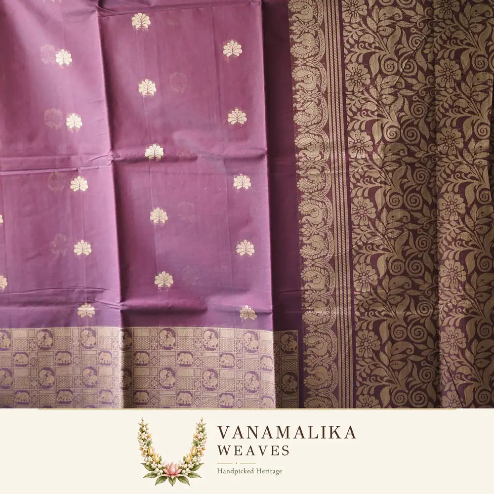 Elephant & Peacock Negamam Cotton Saree — Plum — view 2