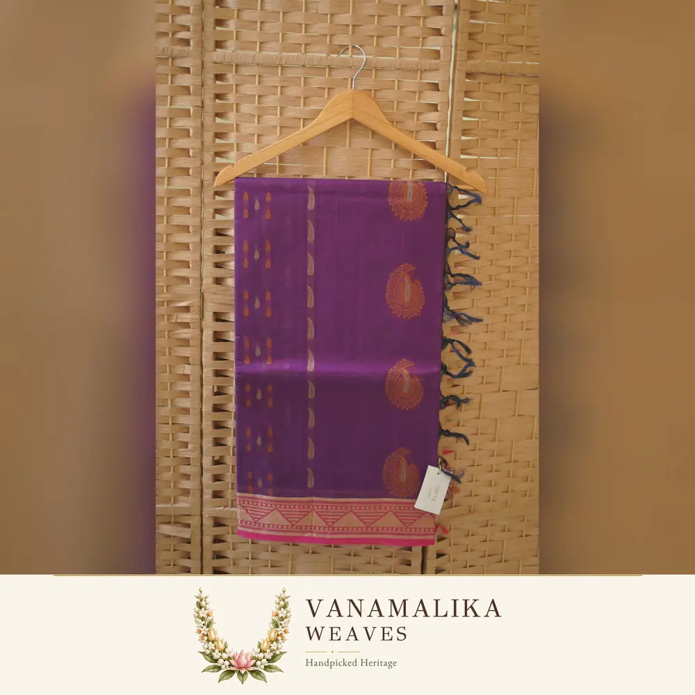 Mango Motif Negamam Cotton Saree — Deep Plum