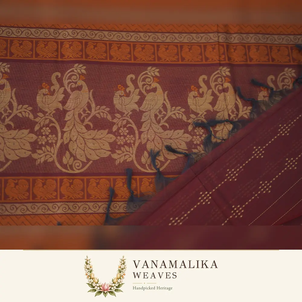 Borderless Peacock Motif Negamam Cotton Saree — Deep Wine — view 2
