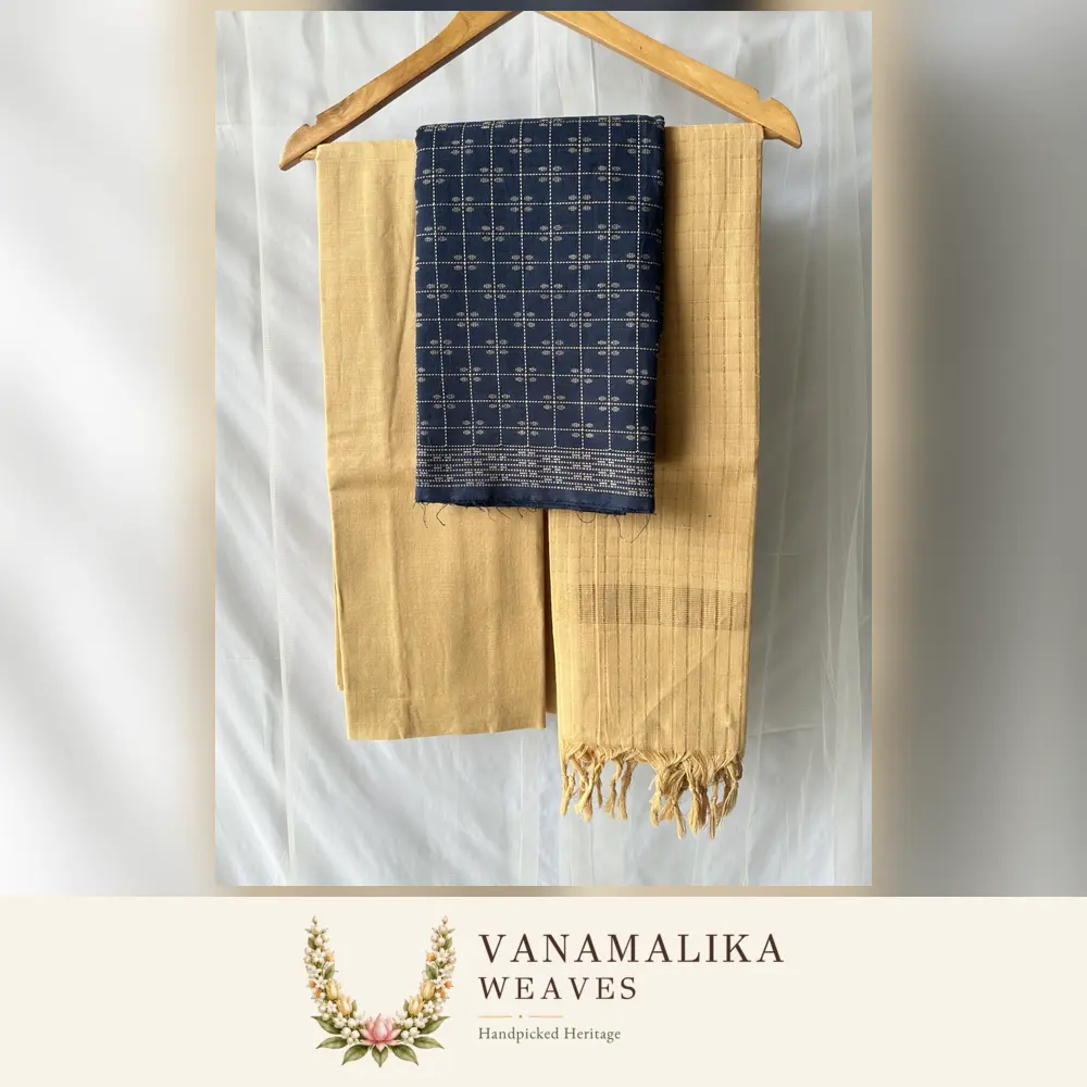 Checked Jacquard Pure Cotton Salwar Material — Navy & Golden Beige