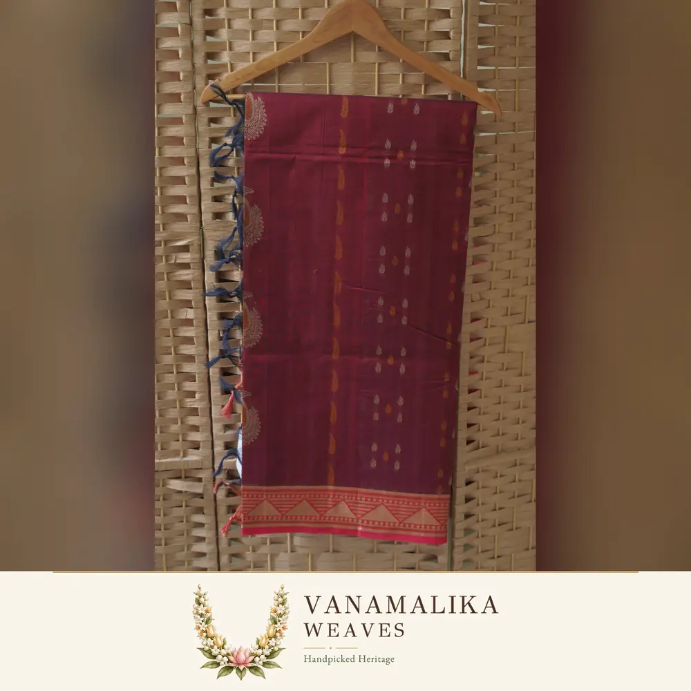 Mango Motif Negamam Cotton Saree — Wine Maroon