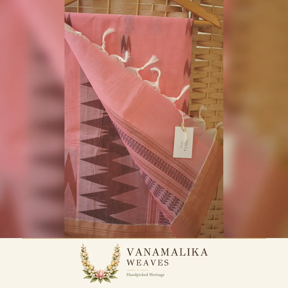 Temple Border Negamam Cotton Saree — Dusty Rose — view 2