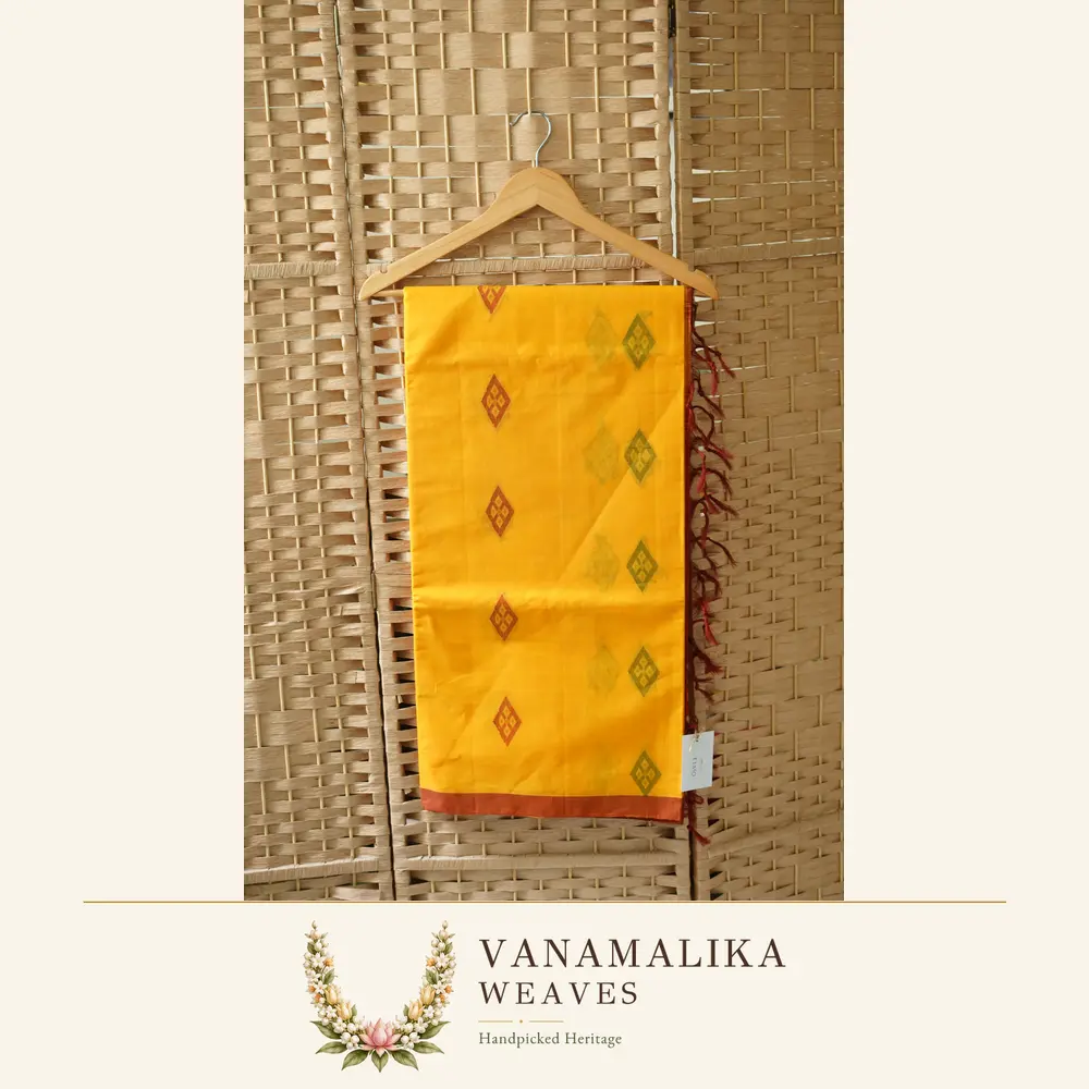 Diamond Motif Negamam Handloom Cotton Saree — Turmeric Yellow