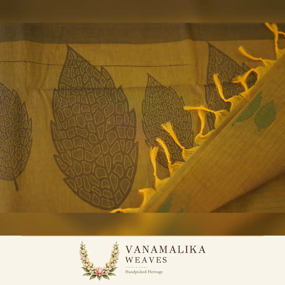 Leaf Motif Coimbatore South Cotton Saree — Mustard Olive — view 2