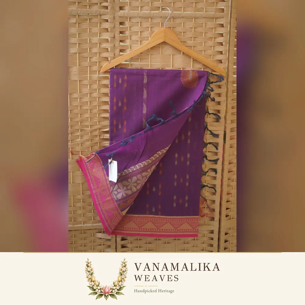 Mango Motif Negamam Cotton Saree — Deep Plum — view 2