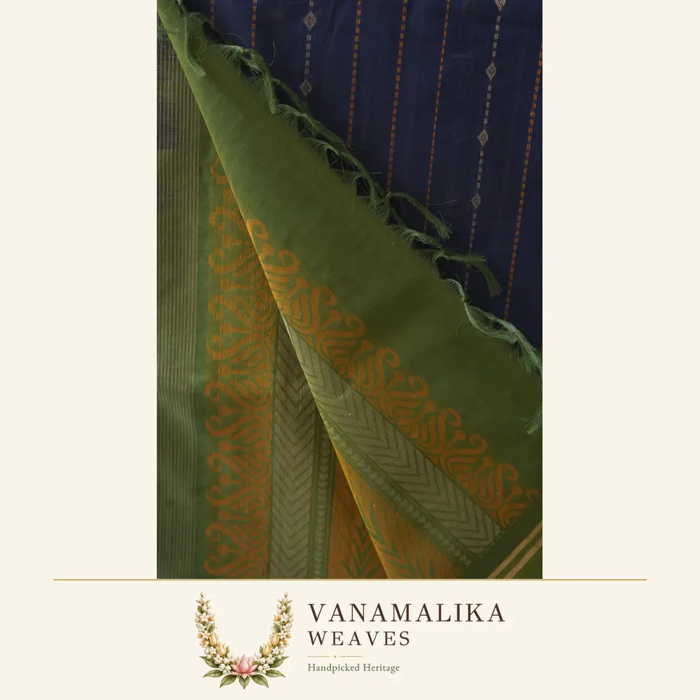 Pinstripe Butta Negamam Handloom Cotton Saree — Navy Blue — view 2