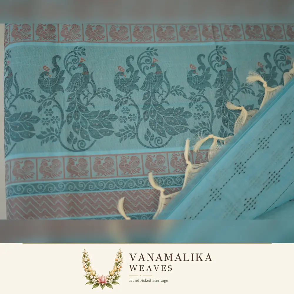 Borderless Peacock Motif Negamam Cotton Saree — Sky Blue — view 2