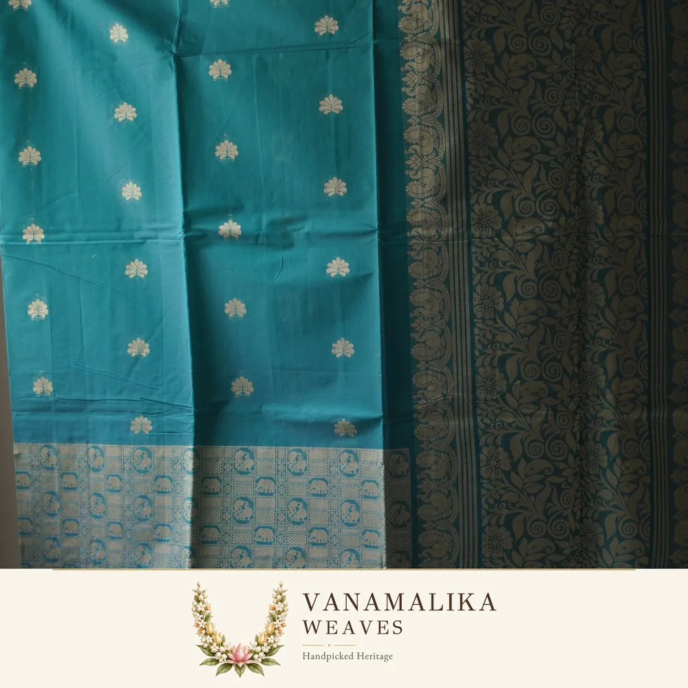Elephant & Peacock Negamam Cotton Saree — Deep Teal — view 2