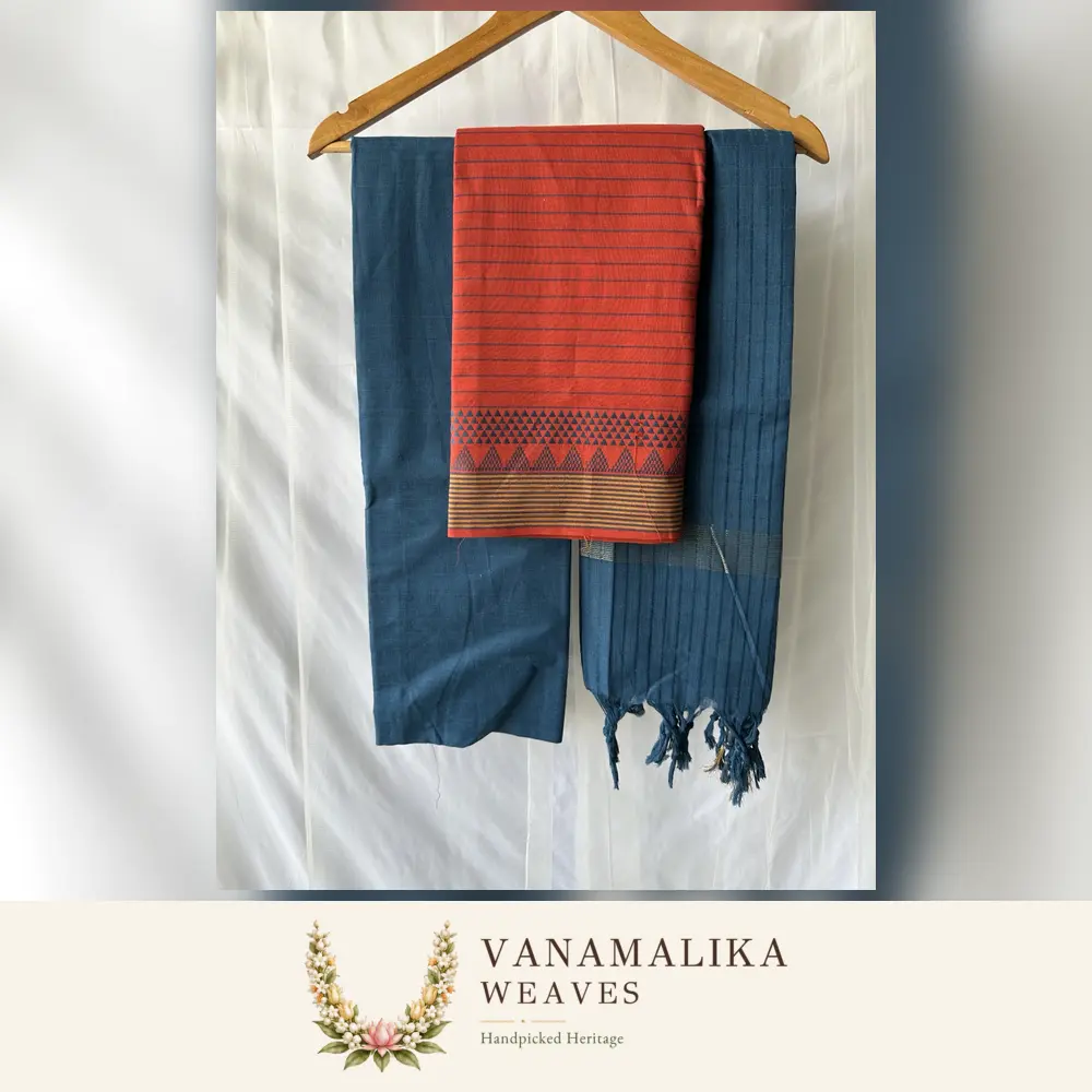 Geometric Pattern Pure Cotton Salwar Material — Deep Teal & Brick Red