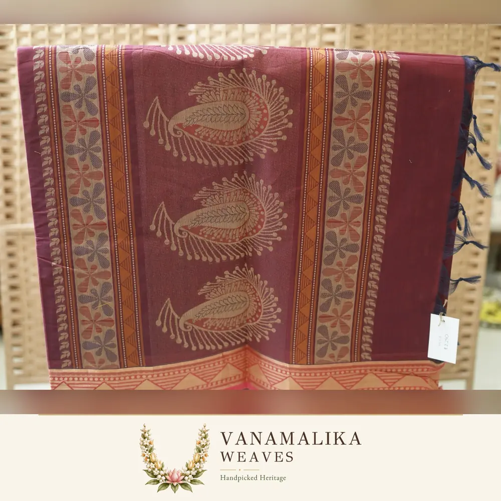 Mango Motif Negamam Cotton Saree — Wine Maroon — view 2