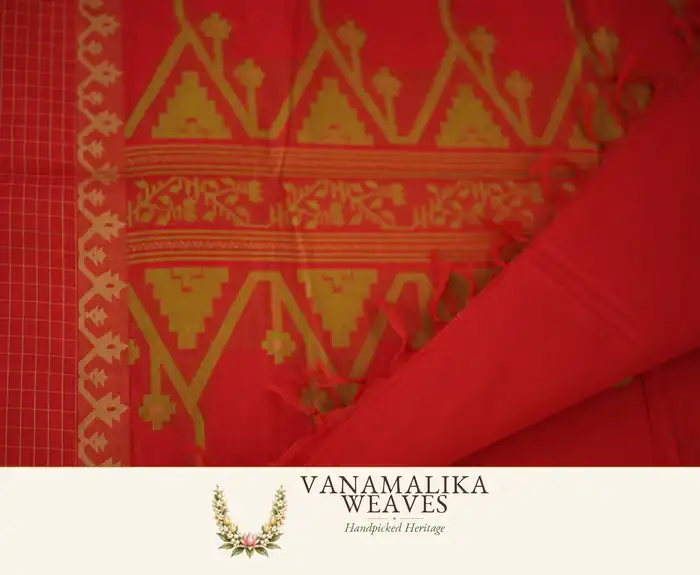 Traditional Motif Cotton Saree — Vermilion Red — view 2
