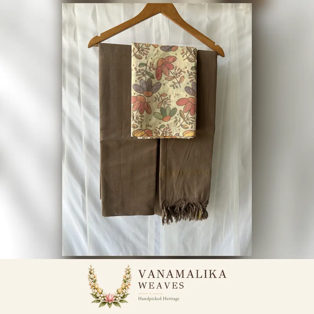 Floral Pattern Pure Cotton Salwar Material — Cocoa Brown & Cream