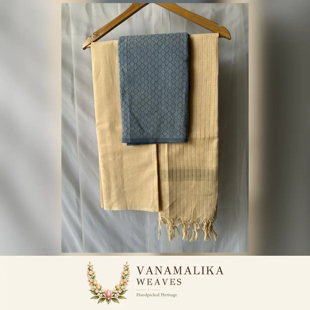 Jacquard Pattern Pure Cotton Salwar Material — Beige & Slate Blue