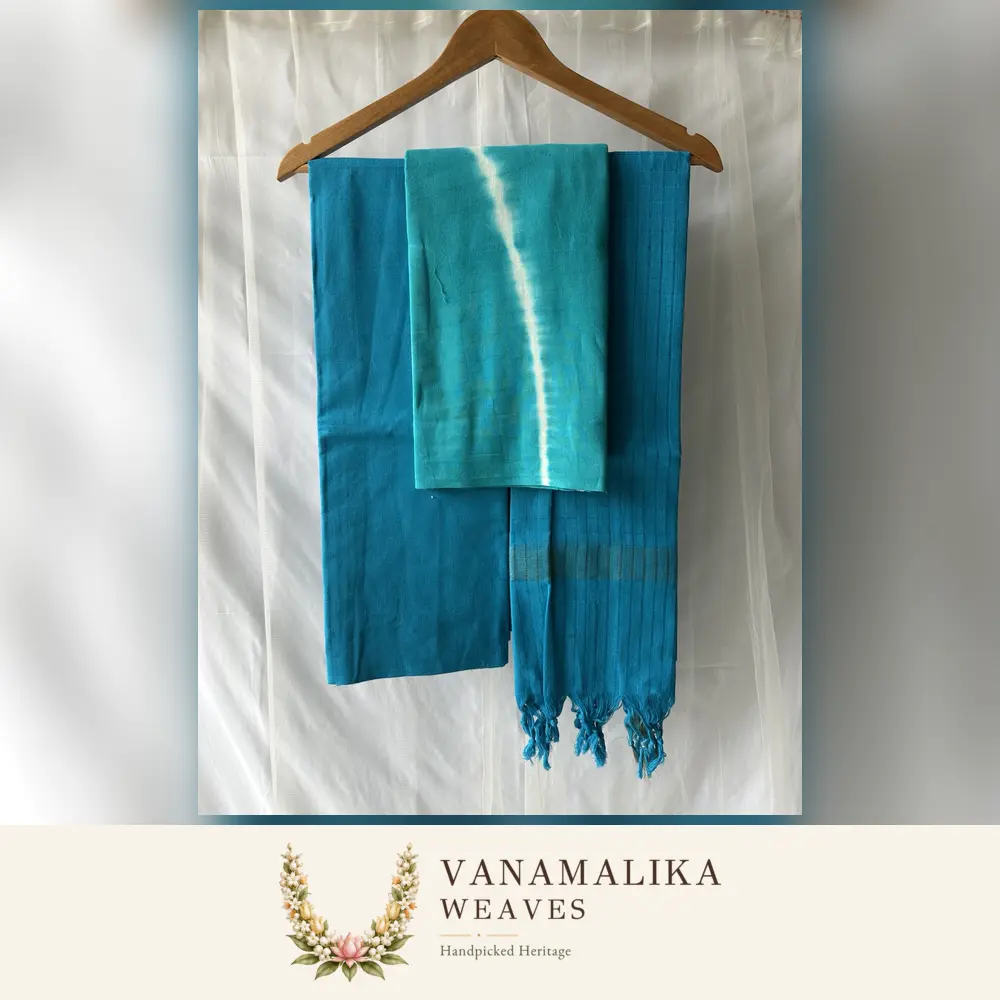 Single-Stripe Tie & Dye Pure Cotton Salwar Material — Aqua & Turquoise