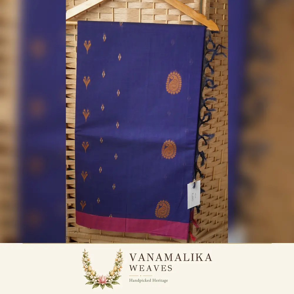 Mango Motif Negamam Cotton Saree — Deep Indigo
