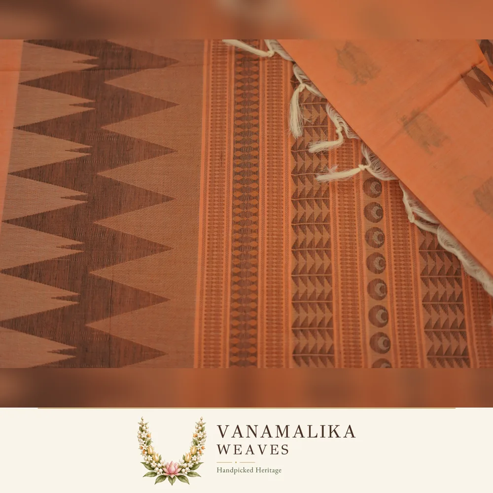 Temple Border Negamam Cotton Saree — Warm Peach — view 2