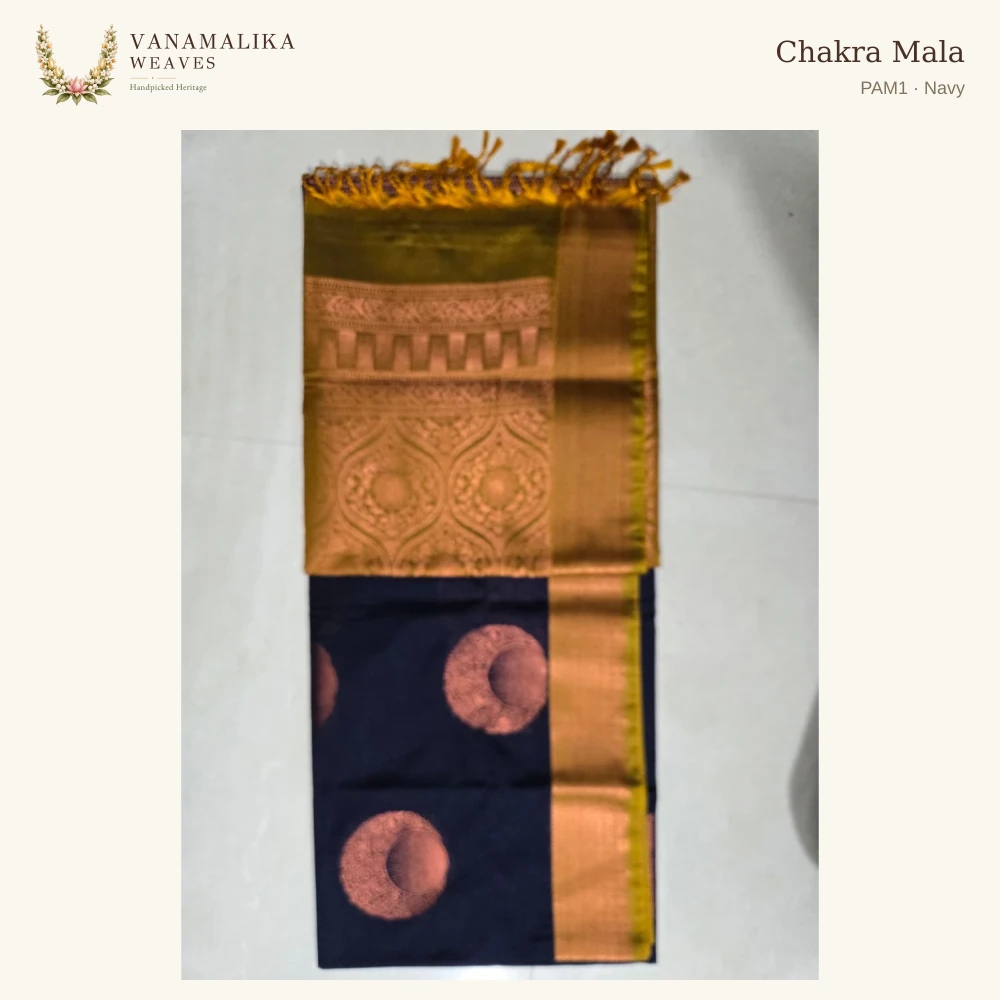 Chakra Mala PAM1 — Navy, full saree body and pallu